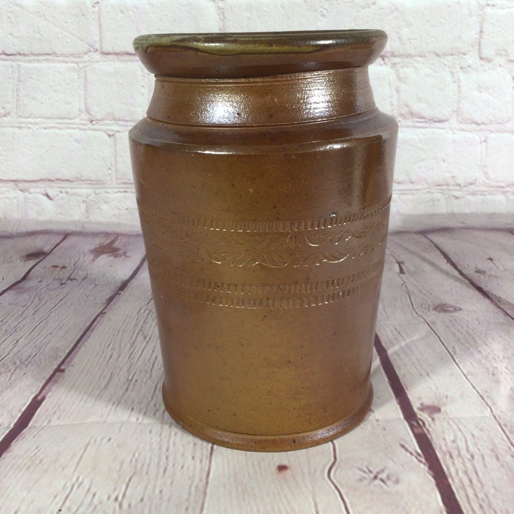 Vintage Handmade Salt Glazed Incised Pottery Crock